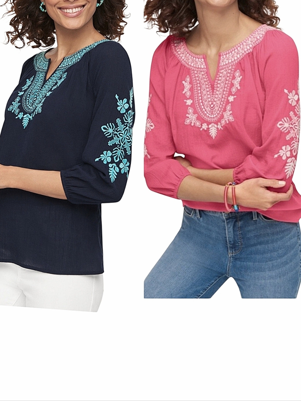Bundle of 2 Talbots Embroidered Gauze Blouse Tops Sz XL Navy Blue Pink